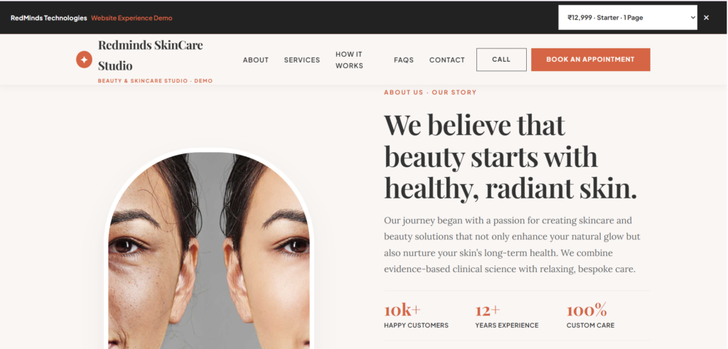 Demonstration skincare studio website concept for aesthetic treatment information and consultation enquiries